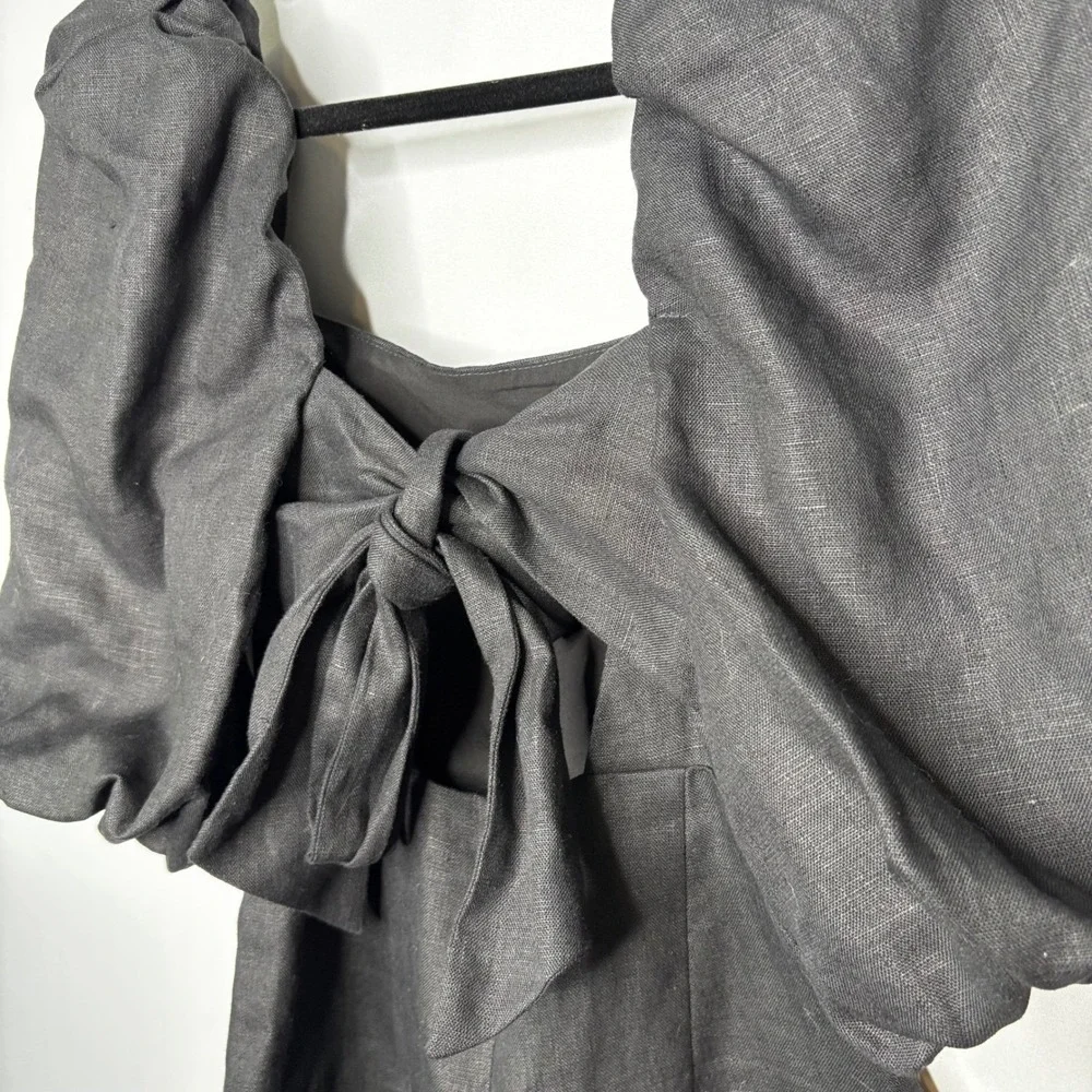 Sezane Editions Armida Dress Size 36/4 Black Linen Puff Sleeve Tie Back Mini - Picture 9 of 15